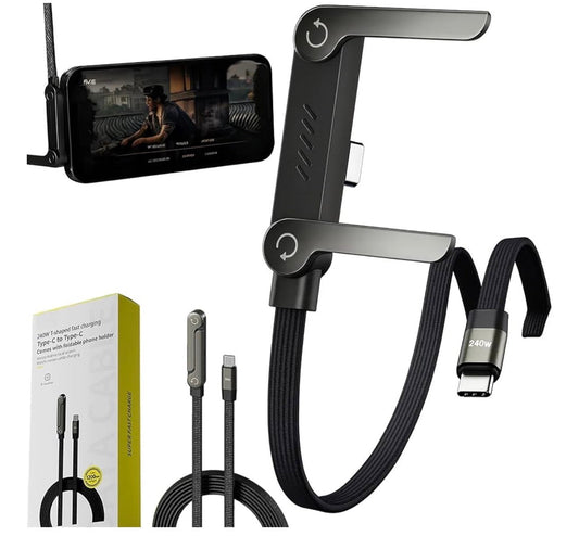 240W Fast Charging Type-C Cable with Foldable Phone Holder | Magnetic Rotating Stand Cable | Durable Braided USB-C Charger